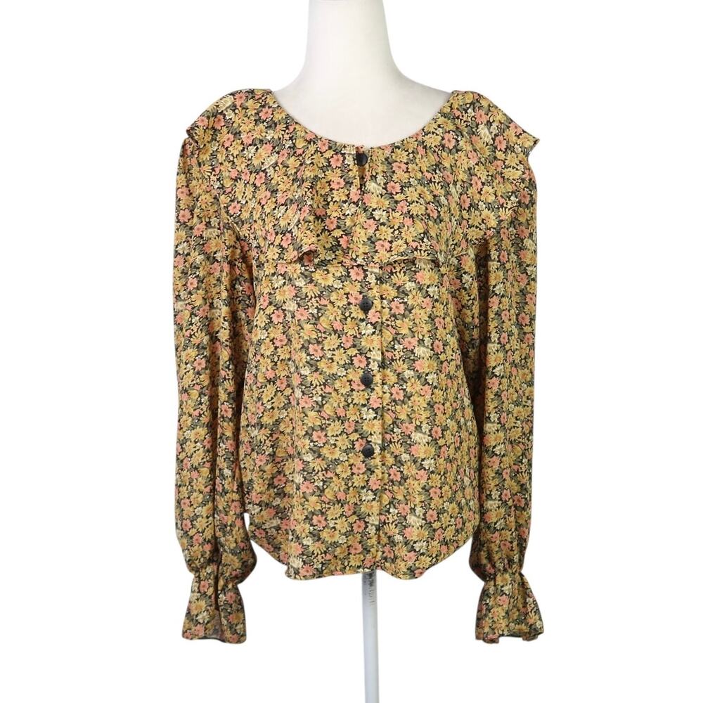 Vintage 90s Mustard Yellow Multicolor Floral Ruffle Frilly Blouse Top L